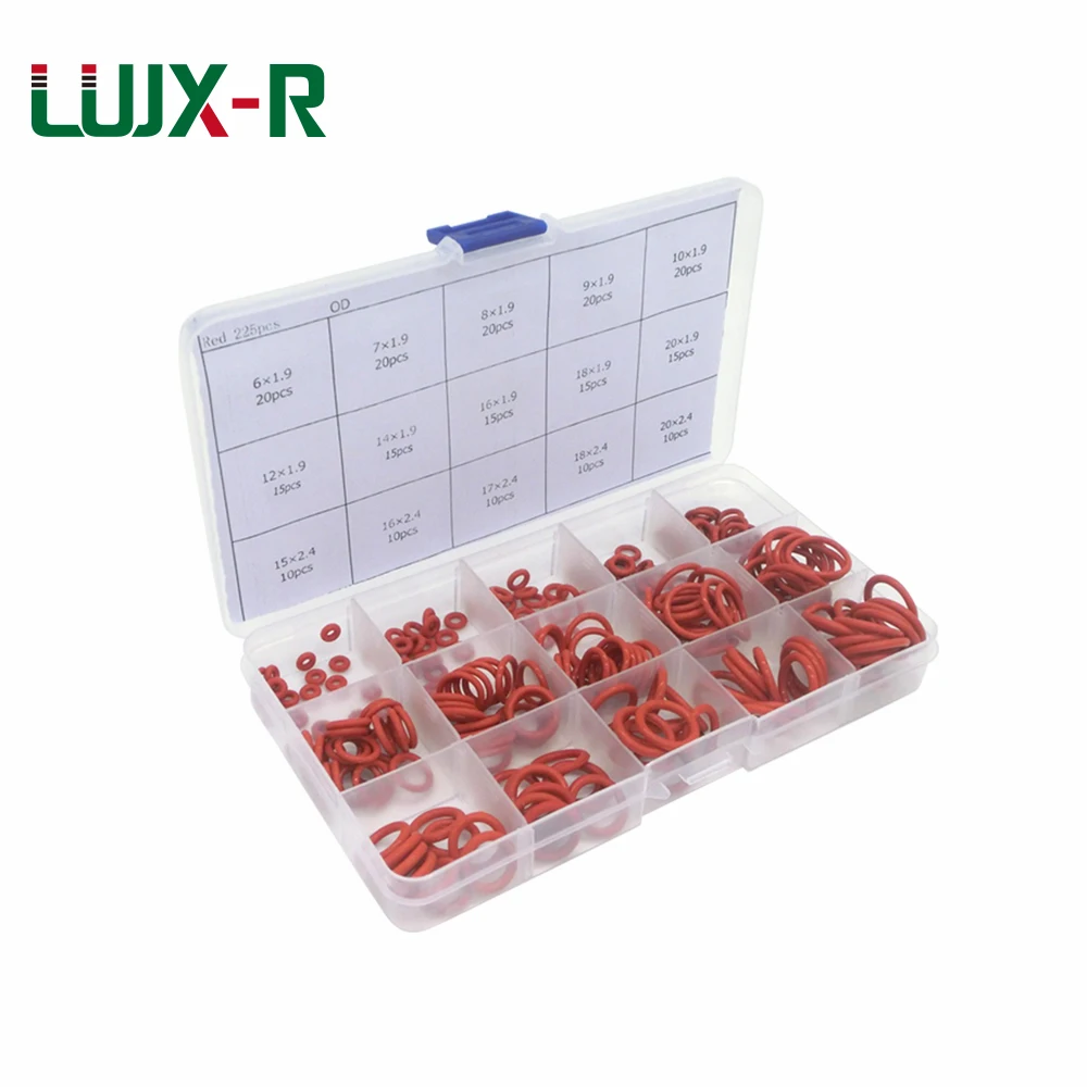 LUJX-R 225pcs O-ring Seal Gasket Kit Red Silicone Rings VMQ Watertightness Washer Set Different Size Oring Assortment O Seal Box