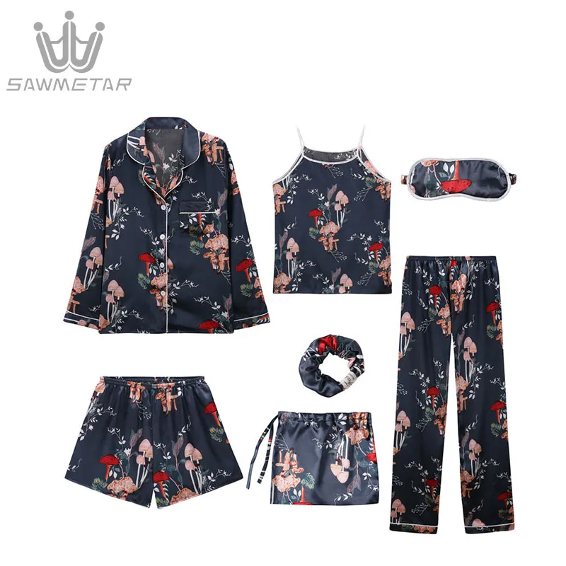 Women's 7Pieces Pajamas Sets Silk Satin Pijama Striped Print Pyjamas Women Long Sleeve Sleepwear Spring Summer Autumn Homewear