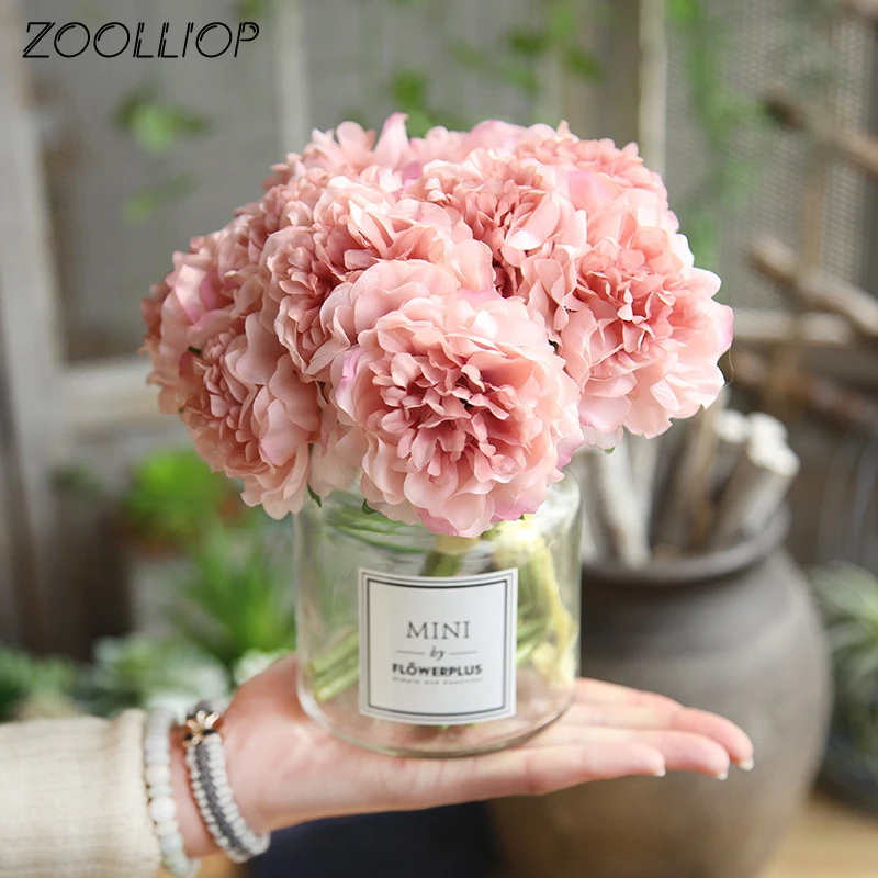 Artificial Flowers Peony Bouquet for Wedding Decoration 5 Heads Peonies Fake Home Decor Silk Hydrangeas Cheap Flower | Дом и сад
