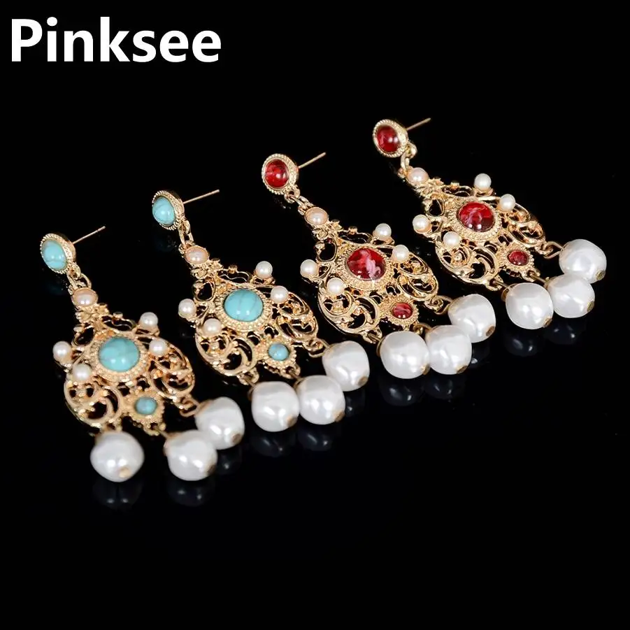 Серьги-капельки в виде цветов золотистого цвета античном стиле женские