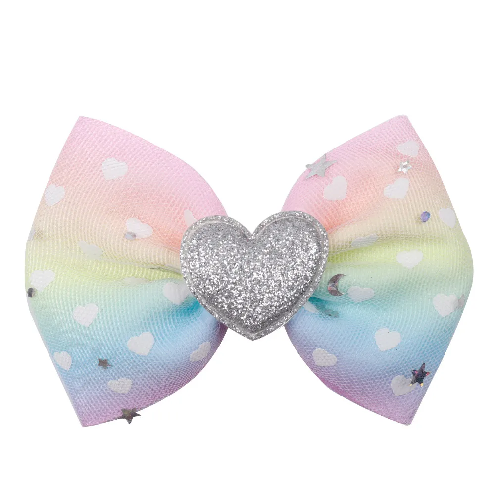

IBOWS Hair Accessories 4 Inch Candy Color Hair Bow Rainbow Mini Hair Clips For Girl Rainbow hairbow DIY Headwear Valentine's Day