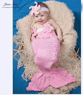 Джейн Z Ann Русалочка baby shower новорожденных реквизит для фотосъемки новорожденных девочек красный синий наряды хлопок пряжа крючком повязка на голову+ бюстгальтер+ хвост подарок - Цвет: Pink