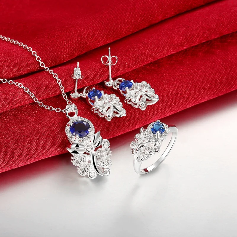

Adorable Jewelry Silver Color White Crystal Blue Cubic Zirconia Pendant Earrings Ring Party Jewelry Sets For Women S2005