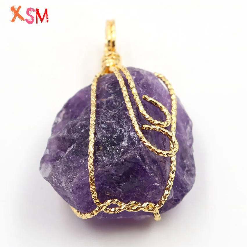 xinshangmie Simple Design Rose Gold Color Irregular Shaped Natural Amethysts Quartzs Wire Wrapped Pendant Charm Jewelry | Украшения и