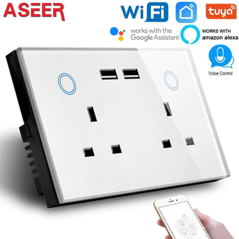ASEER UK двойной usb wifi розетка 13A сенсорное стекло настенная с разъемом совместимая