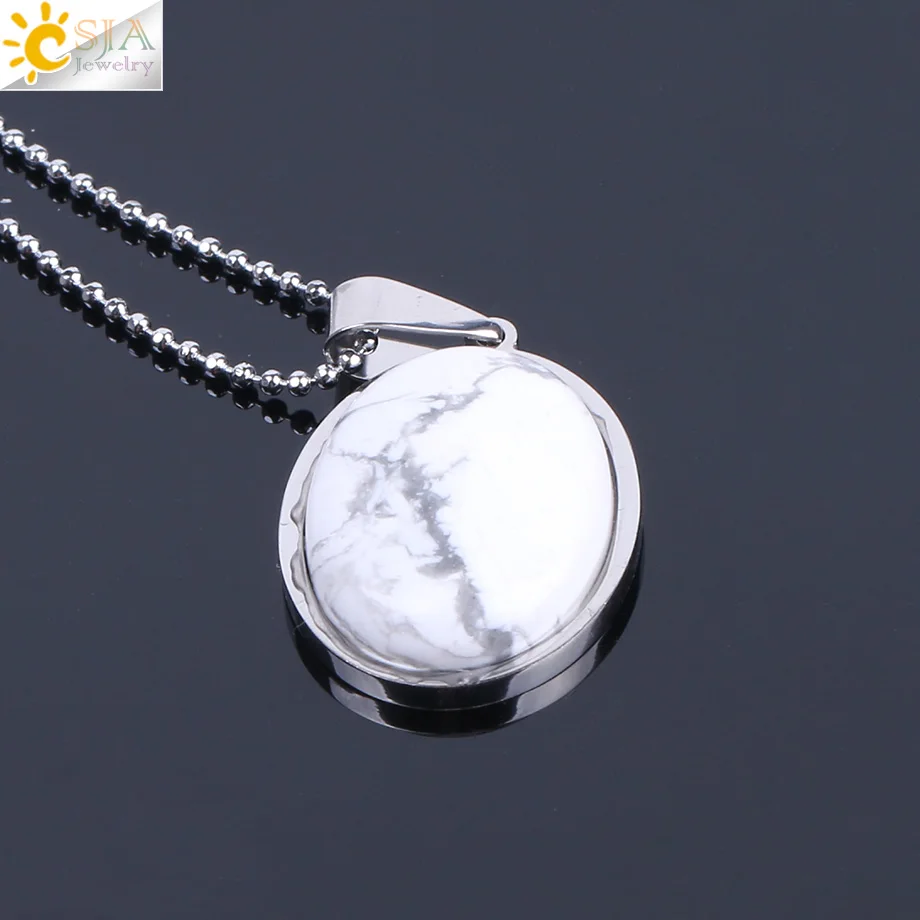 WhiteTurquoiseChain CSJA натуральный камень бусины в форме яйца Ожерелья Подвески Розовый кварц зеленый авантюрин лазурит тигровый глаз рейки ювелирные изделия F133 - Окраска металла: WhiteTurquoiseChain