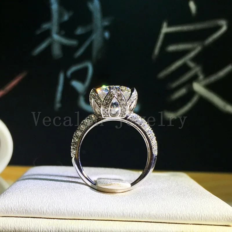 Vecalon 2016 новое романтическое женское кольцо с цветком 3ct AAAAA Циркон cz серебро 925
