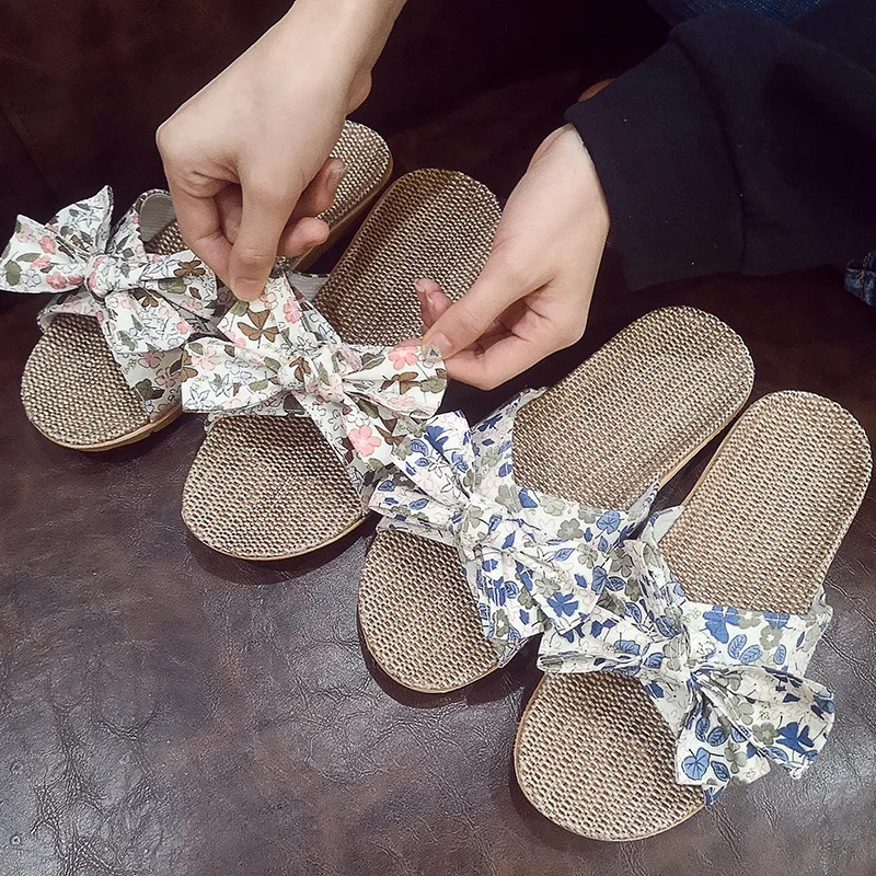 Suihyung Новая летняя домашняя обувь женские тапочки льняные с цветочным узлом