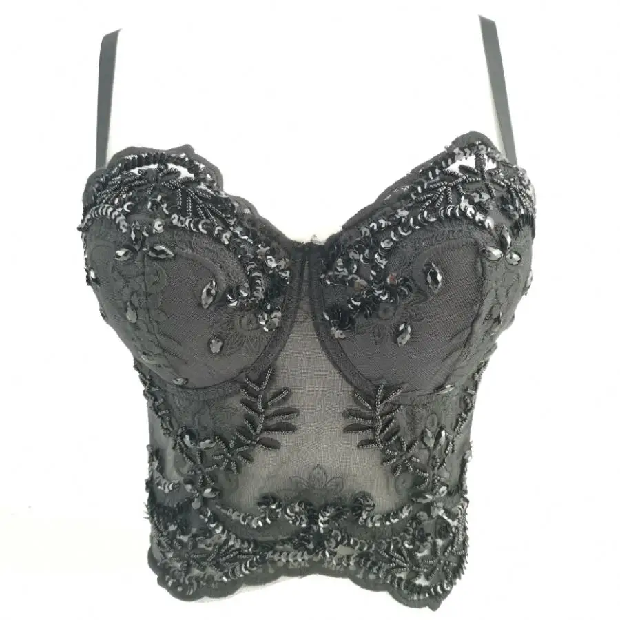 Черный цвет стразы Кружевное Бюстье жемчуг пуш-ап корсет Свадебная вечеринка для