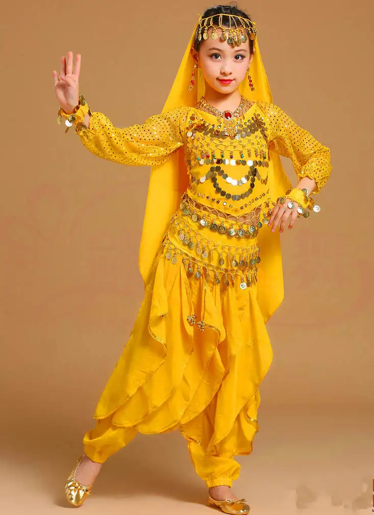 yellow 5pcs Новые сексуальные Детские костюмы для танца живота для девочек, костюмы с блестками, бальная танцевальная одежда,, Детские танцоры, топ, штаны - Цвет: yellow 5pcs