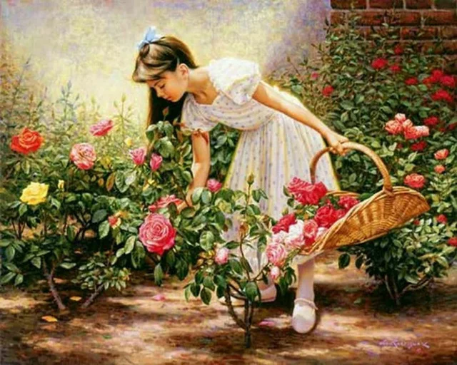 40x50 см (16 &quotх 20&quot) маленькая девочка сбор цветы характер полный дрель Вышивка DIY с