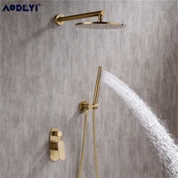 Solid Brass Bathroom Shower Set Rianfall Shower Head Shower Faucet System Wall Mounted Shower Arm Mixer Water Sets Brushed Gold