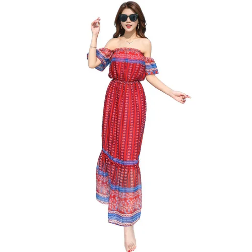 Stinlicher Boho Style Long Dress Women Off Shoulder Beach Summer Dresses Vintage Print Chiffon Elastic Waist Maxi Vestidos | Женская