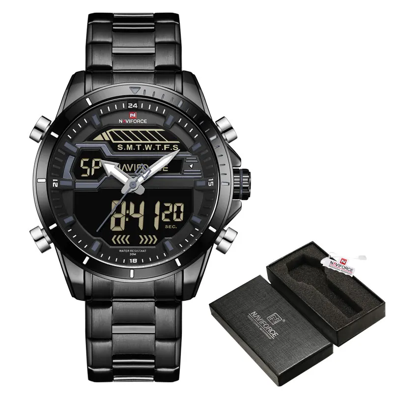 Gray and Box Бренд NAVIFORCE, мужские спортивные часы, водонепроницаемые, хронограф, светодиодный, цифровые, аналоговые часы для мужчин, s Сталь, кварцевые часы, Relogio Masculino - Цвет: Gray and Box