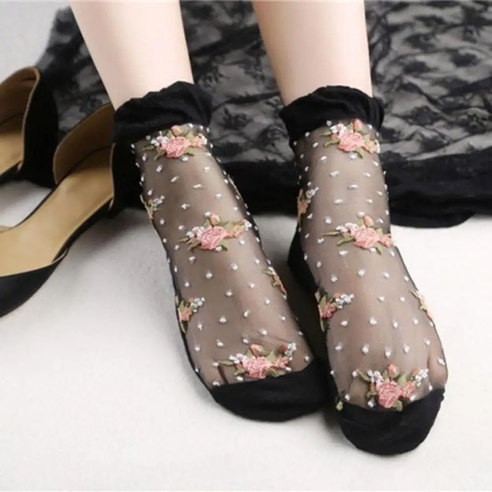 Летние ультратонкие прозрачные короткие носки с розами эластичные дышащие без