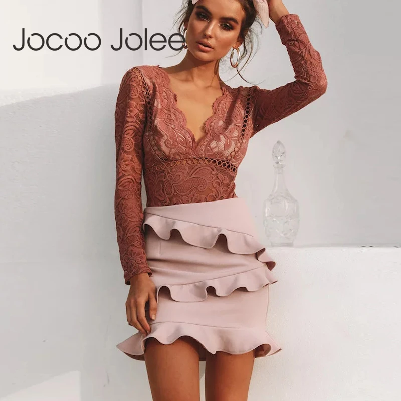 Летняя облегающая юбка Jocoo Jolee 2019 с высокой талией и оборками женские черные