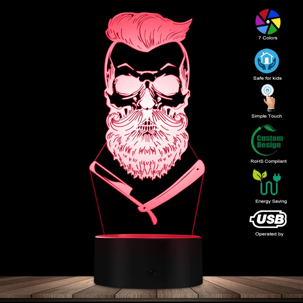 Парикмахерский 3d светильник с черепом Оптическая иллюзия хипстерский скелет