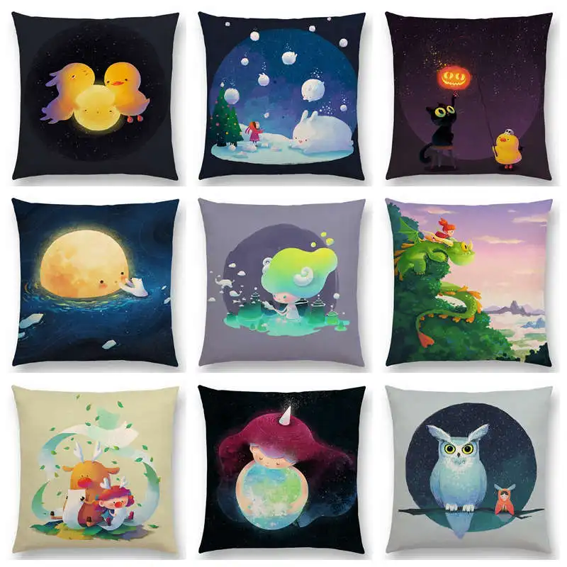 

Hot Sale Colorful Dream Cute Cartoon Warm Earth Little Lovely Animals Linen Cushion Cover Car Home Decor Sofa Throw Pillow Case