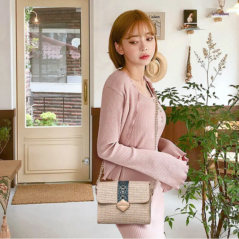 Женская соломенная сумка летняя пляжная плетеная Сумка из ротанга в богемном