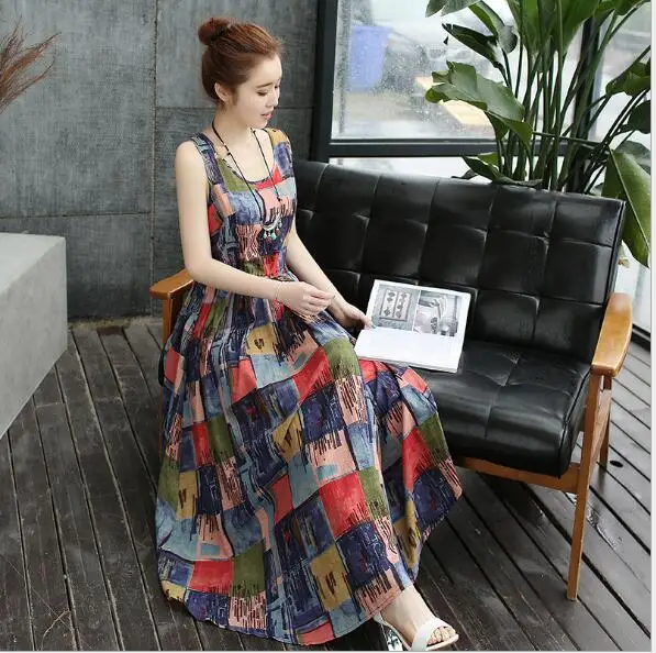 2019 summer new puls size women's dress literary cotton two-piece vest loose thin suit High waist tie printing M-4XL | Женская