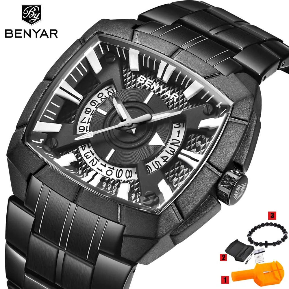 black BOX Gift BENYAR мужские часы из нержавеющей стали модные мужские часы с датой и календарем спортивные золотые водонепроницаемые мужские кварцевые наручные часы - Цвет: black BOX Gift
