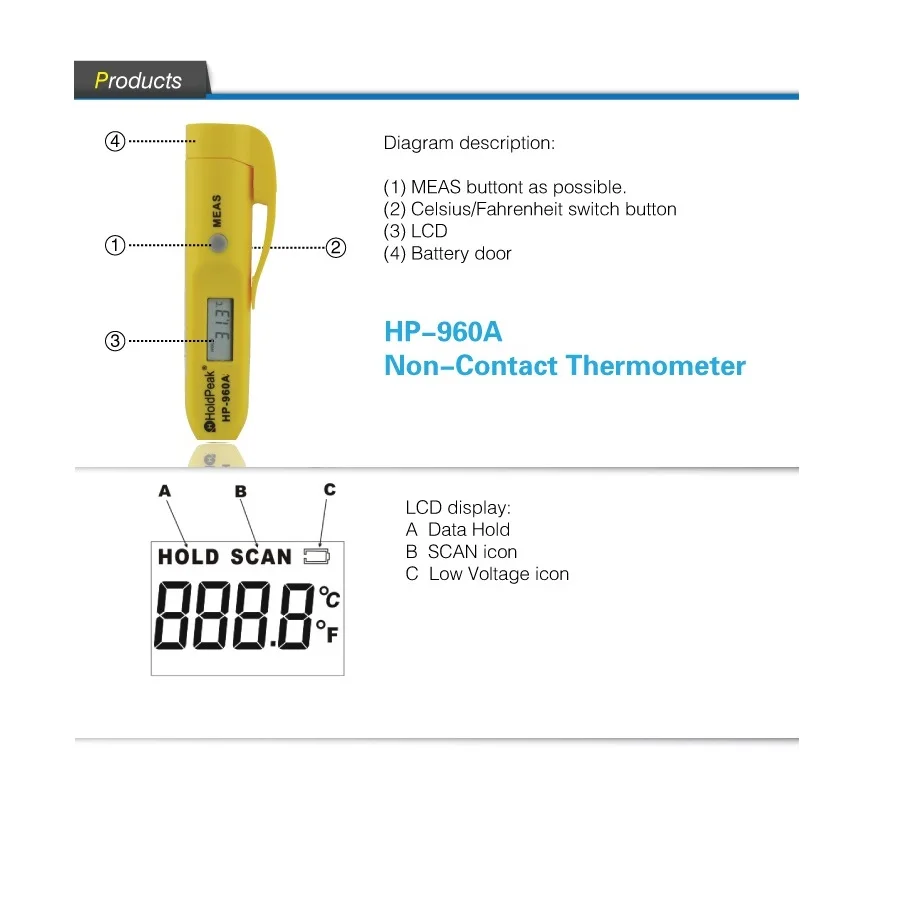 HoldPeak HP 960C 30 275 'C Инфракрасный цифровой термометр ручка Тип Портативный
