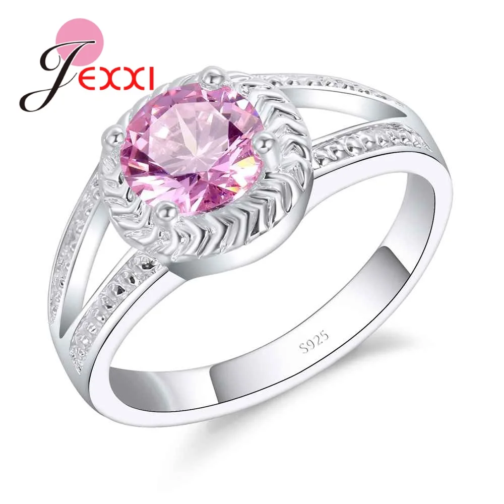 

Simple Round 925 Sterling Silver Engagement Wedding Jewelry For Women Girlfriend Luxury Pink Cubic Zirconia Finger Rings