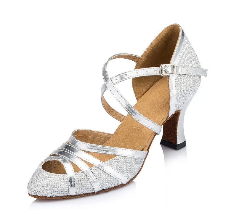 WUXIJIAO Brand Women's Latin dance shoes Autumn and Winter Ballroom dancing shoes 8cm heel height Gray Champagne Silver color