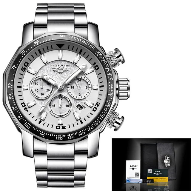silver white LIGE мужские часы лучший бренд класса люкс модные кварцевые часы для мужчин водонепроницаемый спортивный костюм в стиле милитари Relogio Masculino Zegarek мески+ коробка - Цвет: silver white