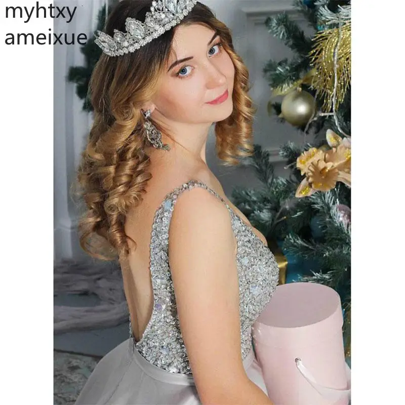 2021 Sexy White Plus Size Gow Evening Dresses V-neck Dress Floor Length Sleeveless Sequined Backless Custom Made Robe De Soiree | Свадьбы и