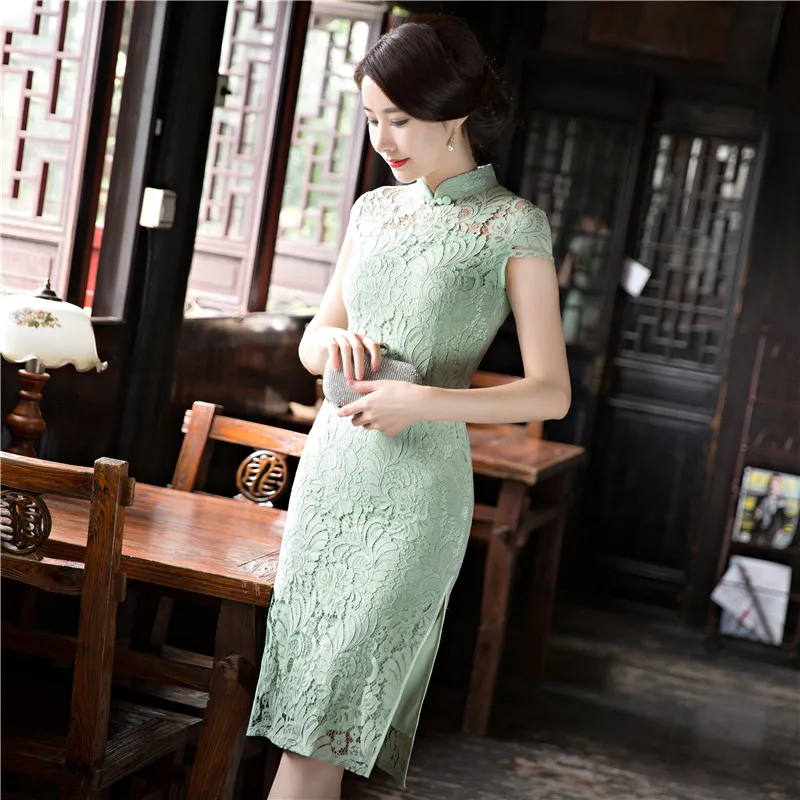 Шанхай история Новое поступление китайский женский колено Leng Cheongsam мода короткий стиль лето Qipao кружевное платье Vestidos