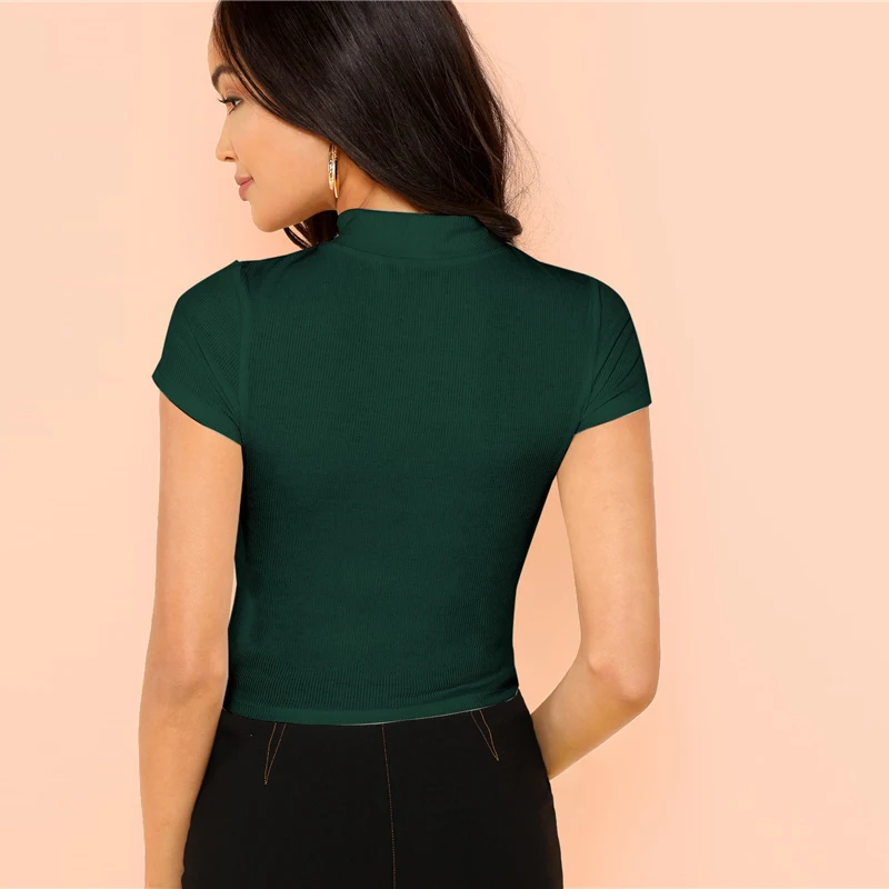 SHEIN, современный Женский Повседневный вязаный короткий пуловер с круглым вырезом и длинным рукавом, футболка, осень, женская футболка, Топ