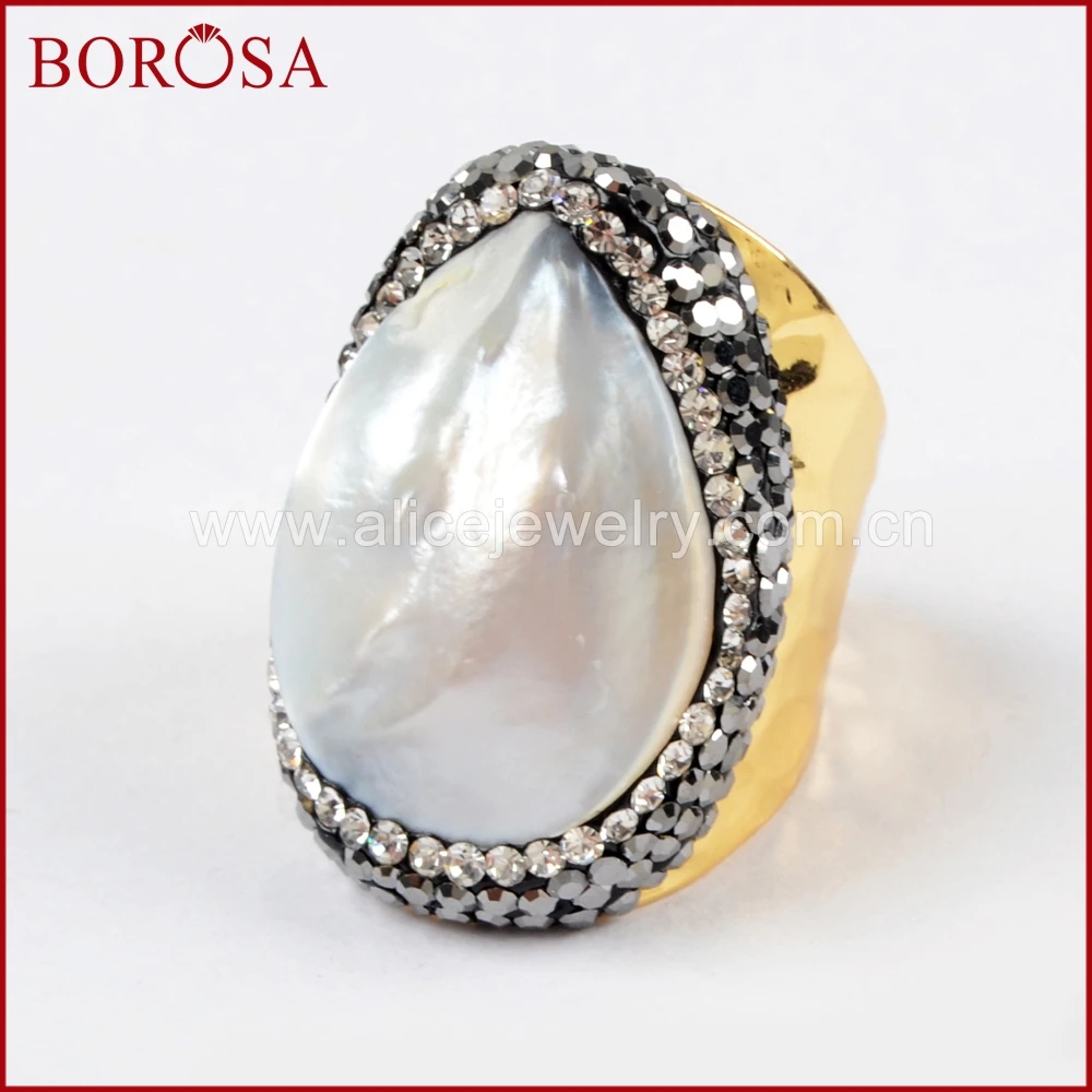 BOROSA Wholesale New Fashion 5Pcs Druzy Gold Color Rhinestone Pave Drop White Shell Ring JAB930 | Украшения и аксессуары