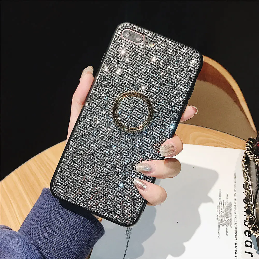 Блестящие глянцевые Bling Встроенная задняя крышка чехол для телефона в виде ракушки для Xiaomi Mi Mix 2 S 3 A1 A2 8 SE 9 Lite Роскошный чехол с стенд для колец на палец