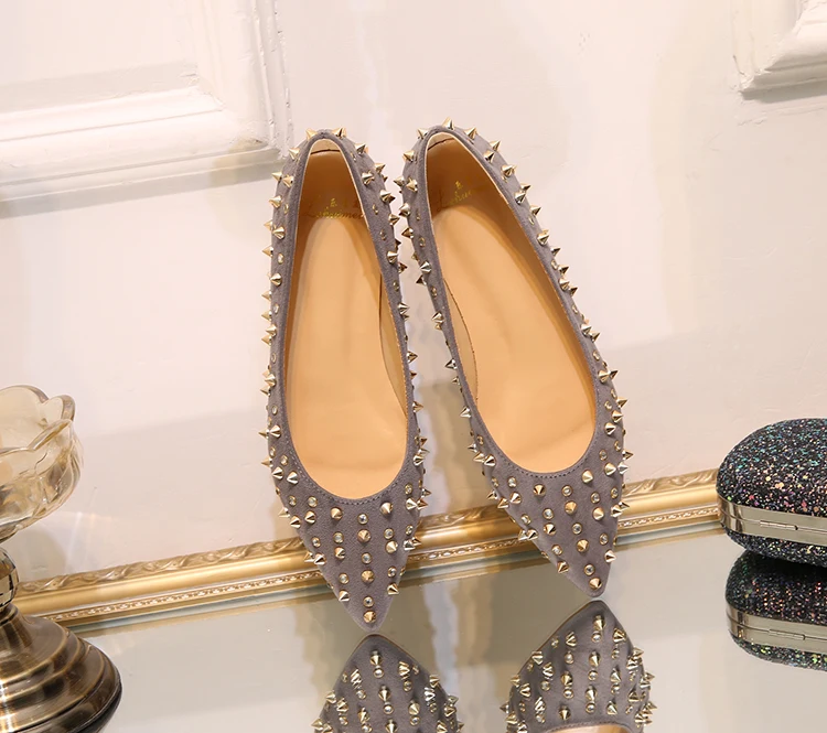 2018 Fashion rivets women flats shoes Sexy Pointed toe low heels lady party casual suede wedding motorcycle GREY 34 | Обувь