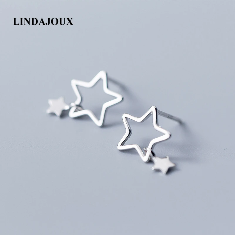 LINDAJOUX 925 стерлингового серебра полые матовые звезды серьги гвоздики для женщин