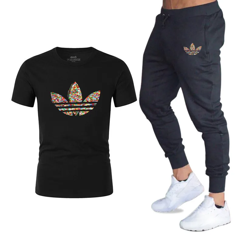 Summer hot running suit T-shirt + pants two-piece casual sportswear men 2019 gym fitness trousers male | Мужская одежда