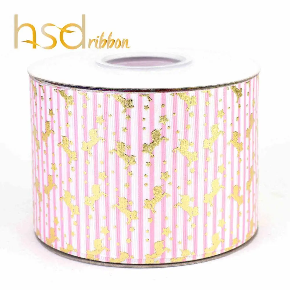 HSDRibbon 75 мм 3 дюйма маленький Единорог узор Золотая фольга напечатаны на HT Grosgrain ленты - Цвет: HT01