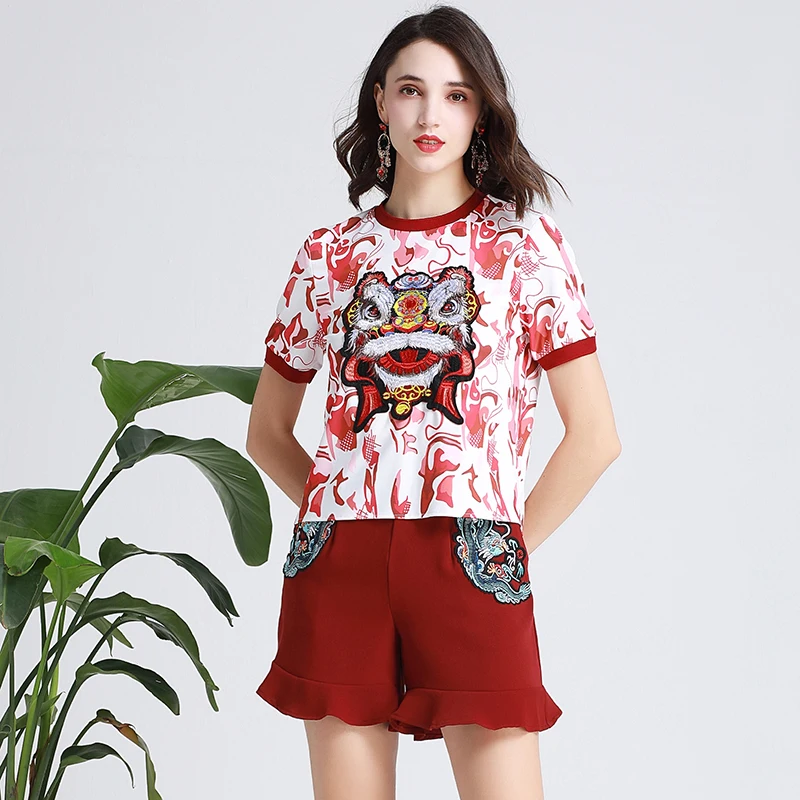 Женский костюм с вышивкой качественная модная футболка коротким рукавом +