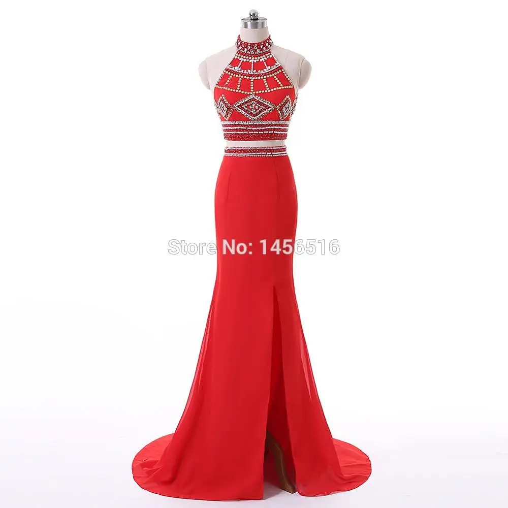 123013 Вт Vestidos De Fiesta модные Средства ухода за кожей Шеи пол Длина Кристалл бисера Разделение Вечерние платья Красный две части Выпускные платья - Цвет: Красный