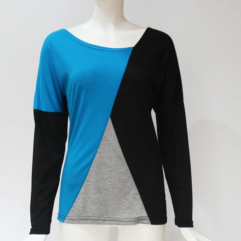 New T Shirt Women Fashion Patchwork Color Block Shirt Leisure Long Sleeve Top Cotton Casual Loose T-Shirt Ladies Office Top