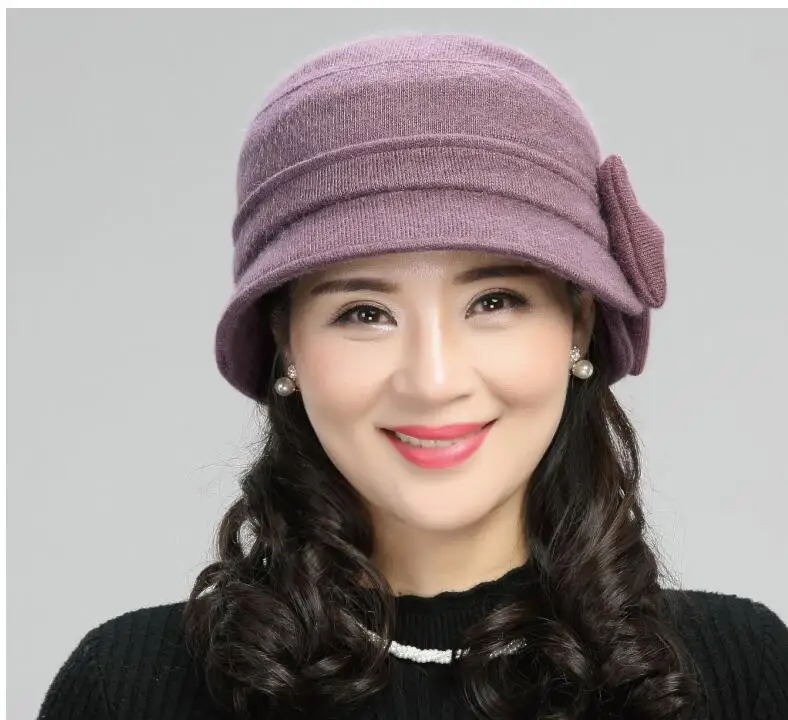 PurpleHatOnly Шляпа для матери среднего возраста, Женская осенне-зимняя шапка из кроличьей шерсти, женский теплый шарф, женские модные элегантные головные уборы с бантами H7166 - Цвет: PurpleHatOnly
