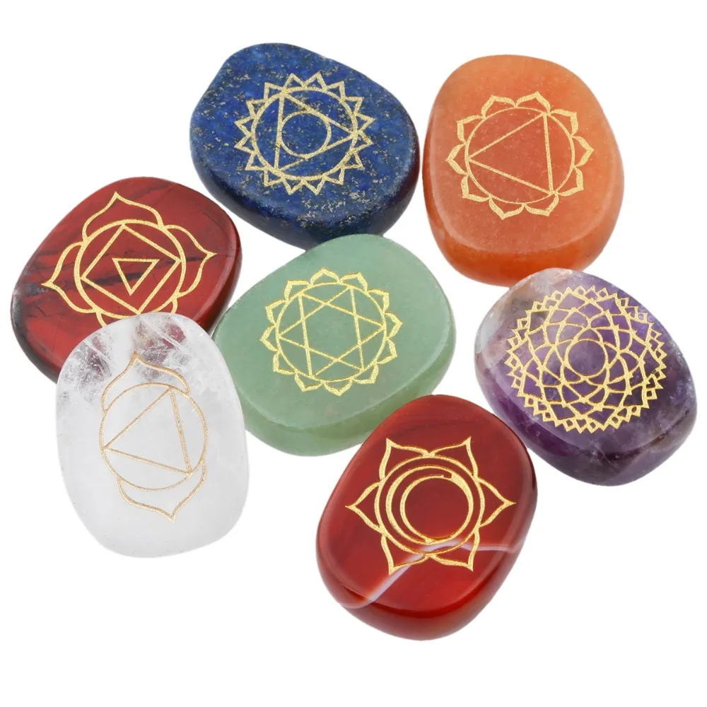 

TUMBEELLUWA Healing Reiki Crystal Engraved Chakra Symbols Balancing Polished Palm Stone Set of 7