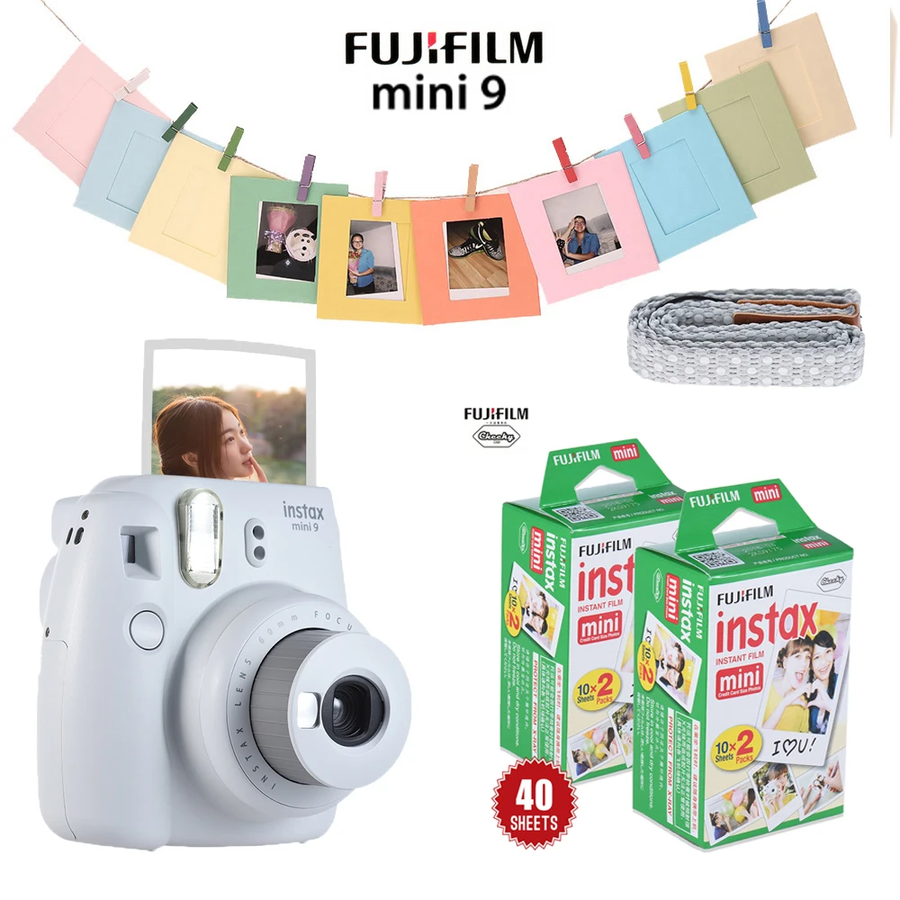 Горячая Fujifilm Instax Mini 9 набор камер, набор пленочных фотокамер, фотокамера моментальной печати с 40* пленкой+ фоторамкой+ зажимом+ шнуром