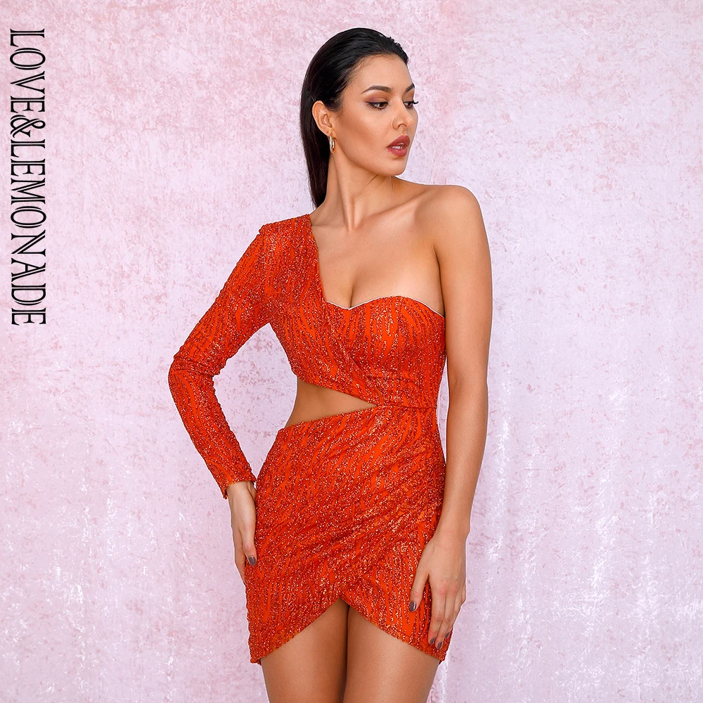 Женское вечернее платье LOVE & LEMONADE оранжевое облегающее с вырезами одним рукавом и