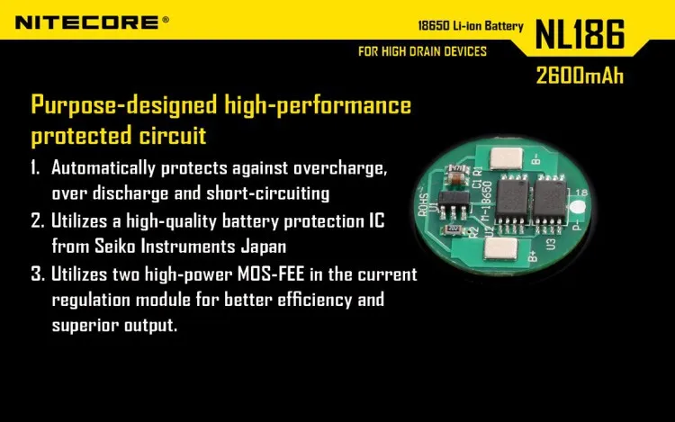 Высокая производительность разряда Nitecore NL186 2600 мАч 3,7 в литий-ионный 18650 Аккумулятор Перезаряжаемый с более чем 500 циклов