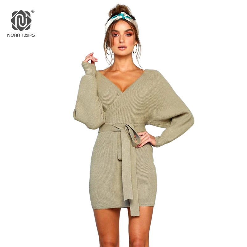 NORA TWIPS New Autumn Winter Women Sweater Dress Cross Double V-neck knitted Warm Dresses Sexy Bodycon Slim Belted |