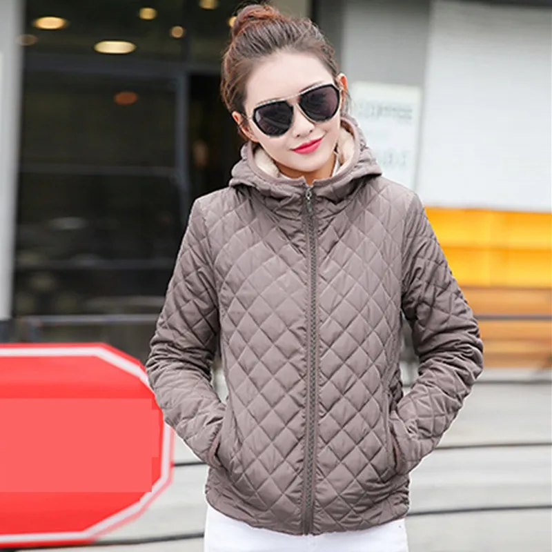 

UHYTGF Hooded Winter Coat Female short lambswool Plus velvet warm jacket Thin and light Slim Cotton Outerwear Parker Womens 1038