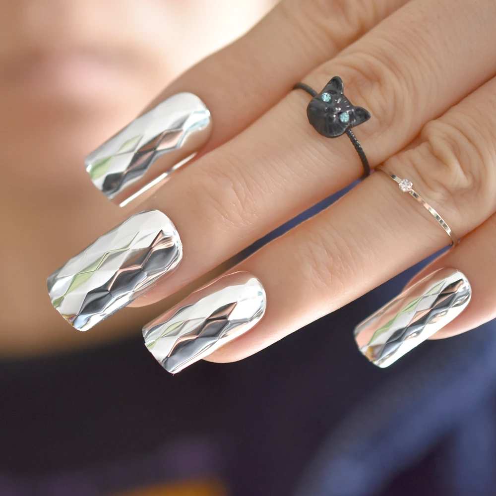 3D металлические зеркальные серебряные накладные ногти ромб металлик в стиле