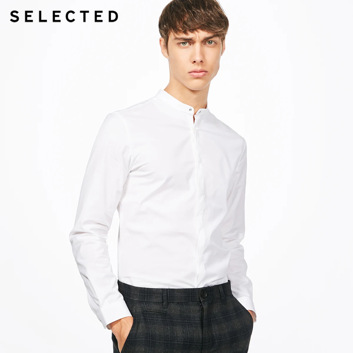 SELECTED cotton micro projectile collar long sleeved shirt S|417405526 | Мужская одежда